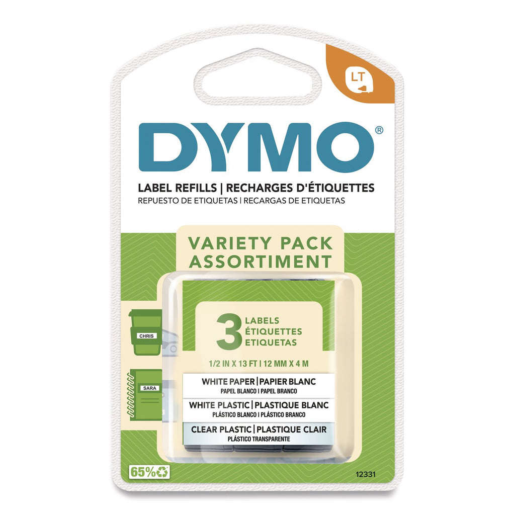 LetraTag Paper/Plastic Label Tape Value Pack, 0.5" x 13 ft, Assorted, 3/Pack