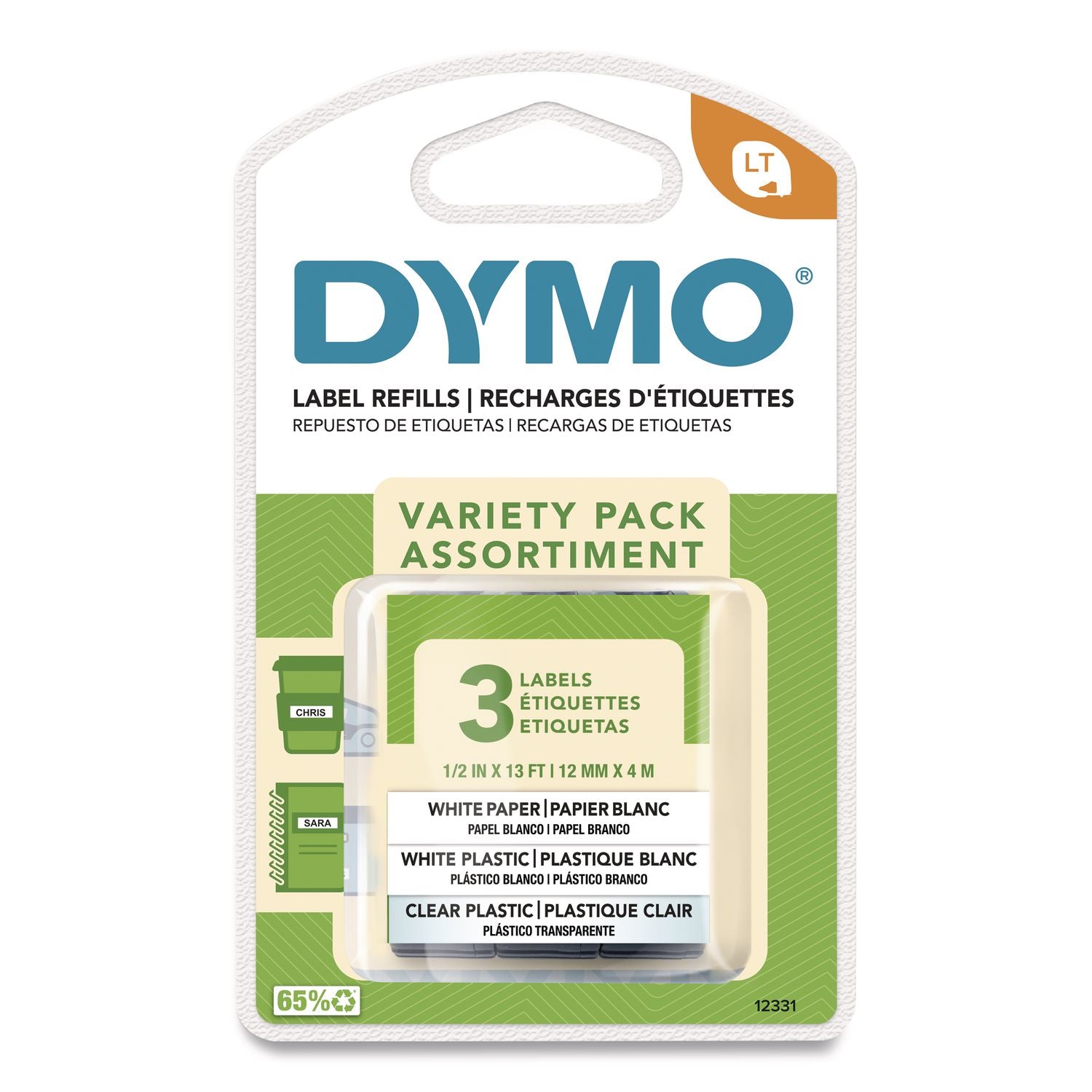 LetraTag Paper/Plastic Label Tape Value Pack, 0.5" x 13 ft, Assorted, 3/Pack