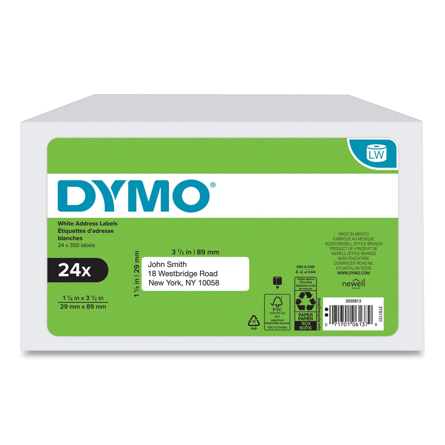 LW Address Labels, 1.13" x 3.5", White, 350 Labels/Roll, 24 Rolls/Box