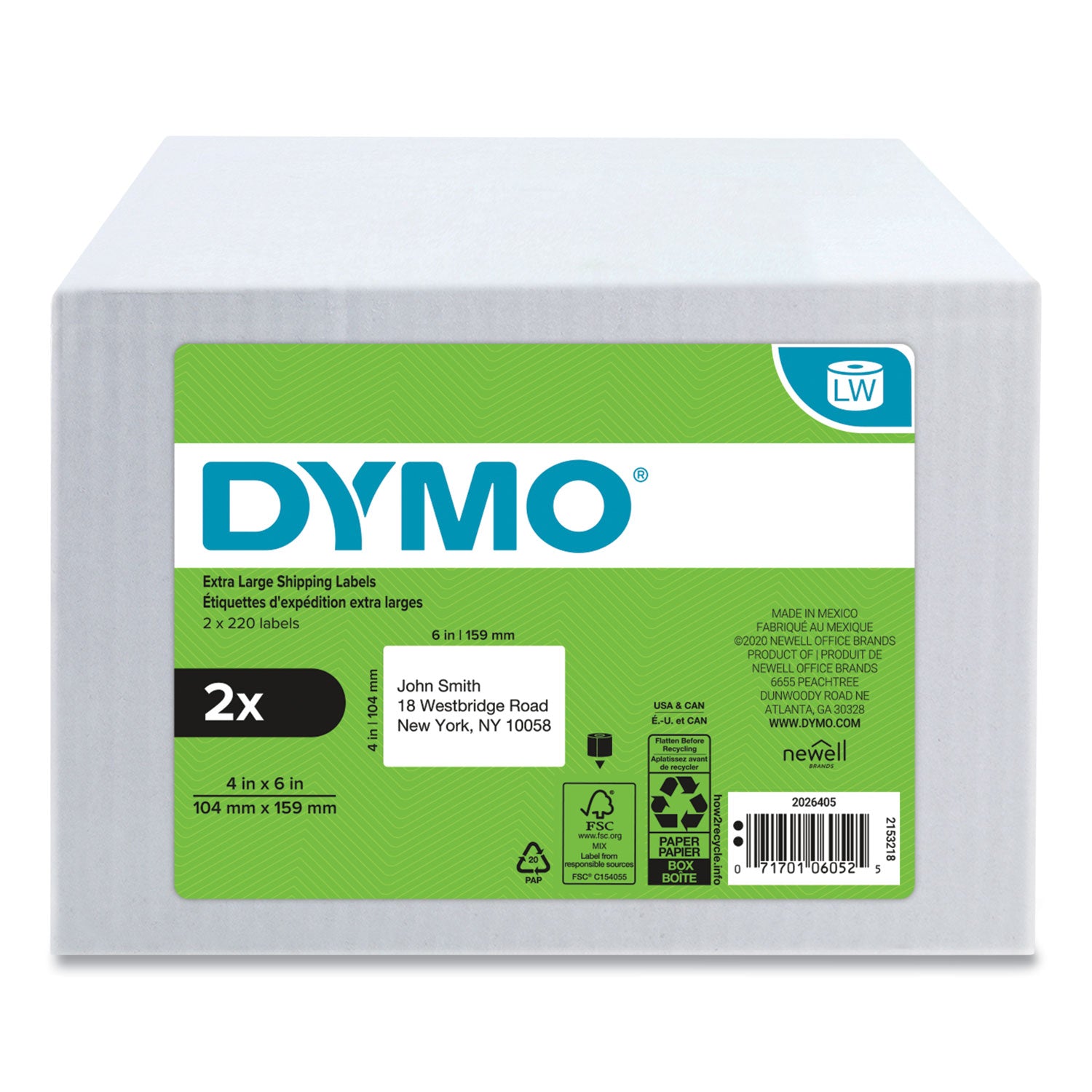 LW Extra-Large Shipping Labels, 4" x 6", White, 220 Labels/Roll, 2 Rolls/Pack