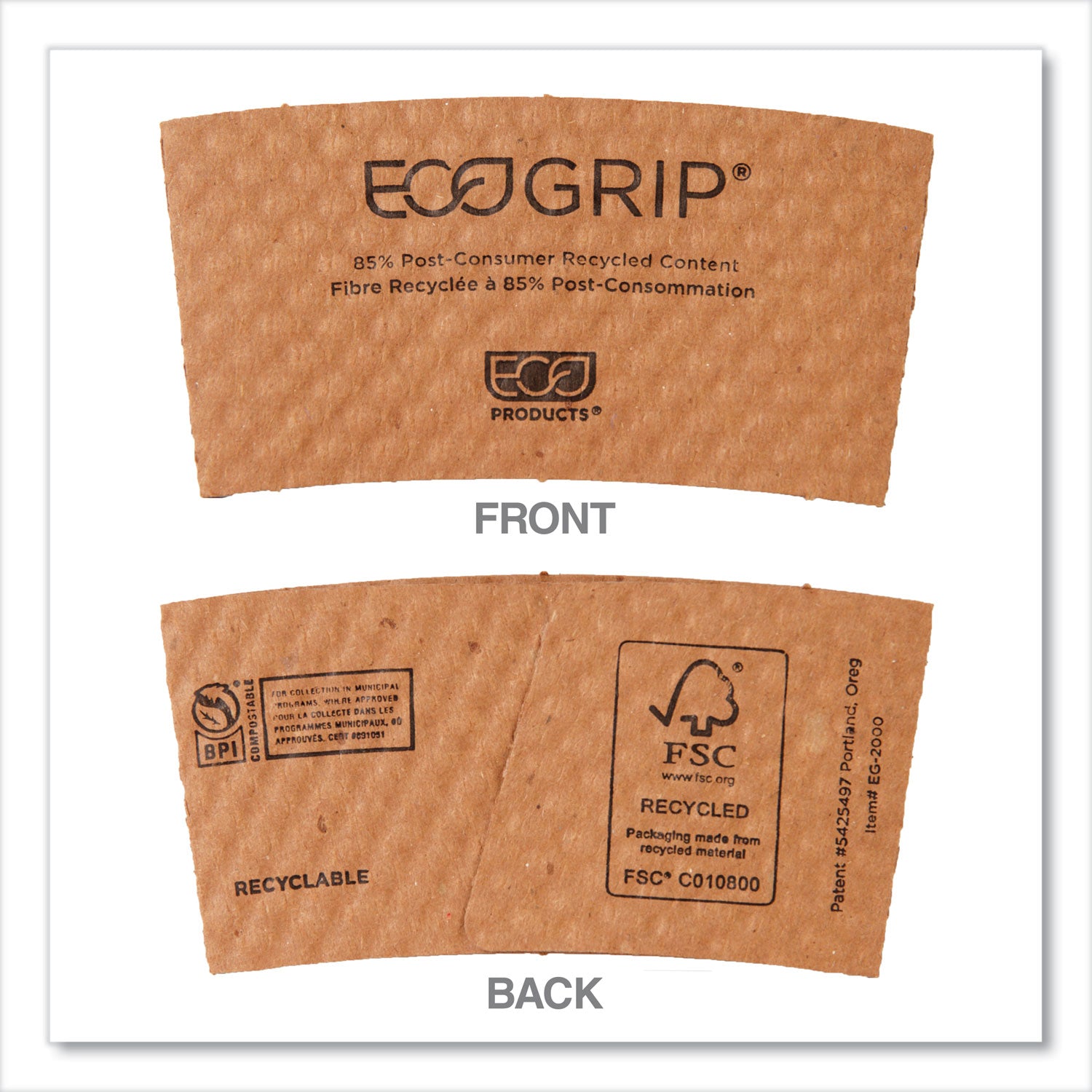 EcoGrip Hot Cup Sleeves - Renewable and Compostable, Fits 12, 16, 20, 24 oz Cups, Kraft, 1,300/Carton - 