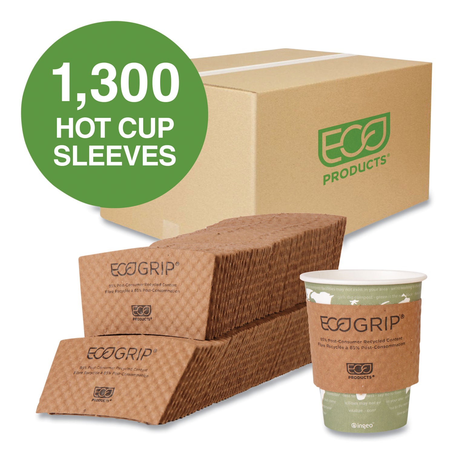 EcoGrip Hot Cup Sleeves - Renewable and Compostable, Fits 12, 16, 20, 24 oz Cups, Kraft, 1,300/Carton - 