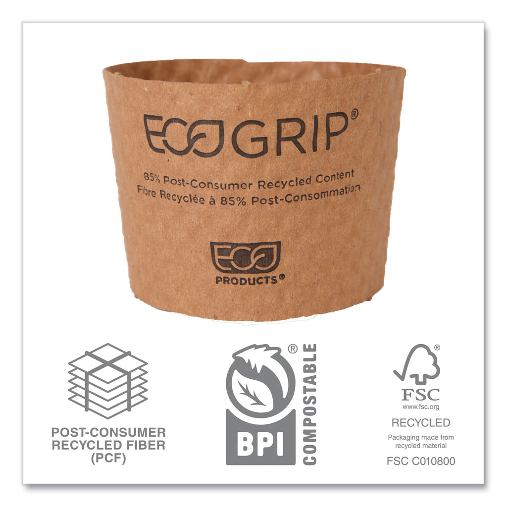 EcoGrip Hot Cup Sleeves - Renewable and Compostable, Fits 12, 16, 20, 24 oz Cups, Kraft, 1,300/Carton - 