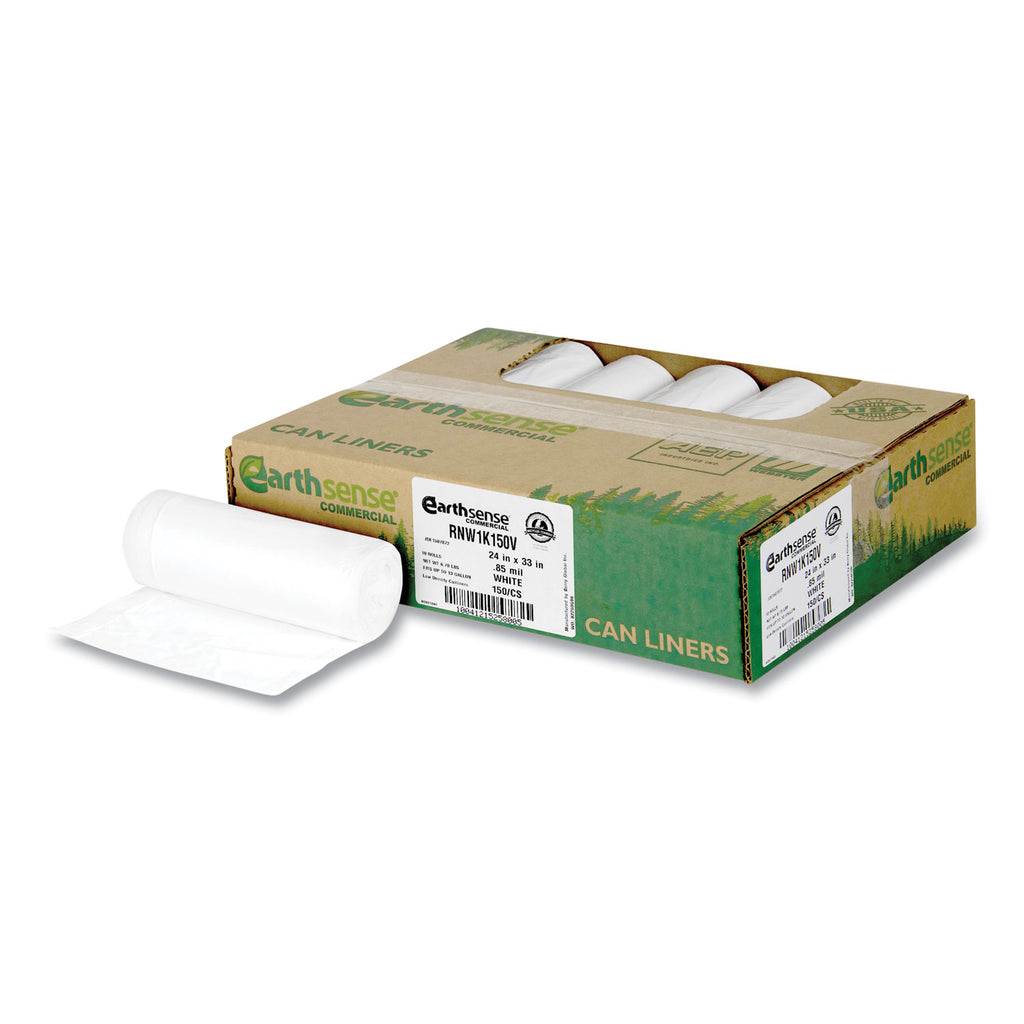 Linear-Low-Density Recycled Tall Kitchen Bags, 13 gal, 0.85 mil, 24" x 33", White, 15 Bags/Roll, 10 Rolls/Box