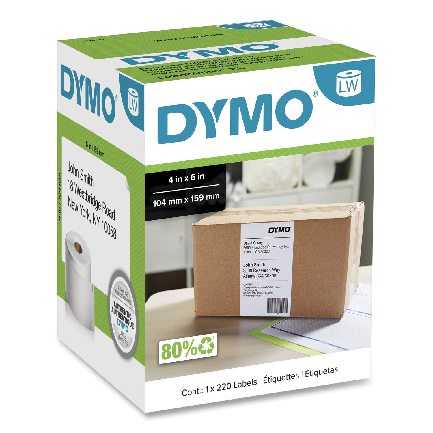 LabelWriter Shipping Labels, 4" x 6", White, 220 Labels/Roll
