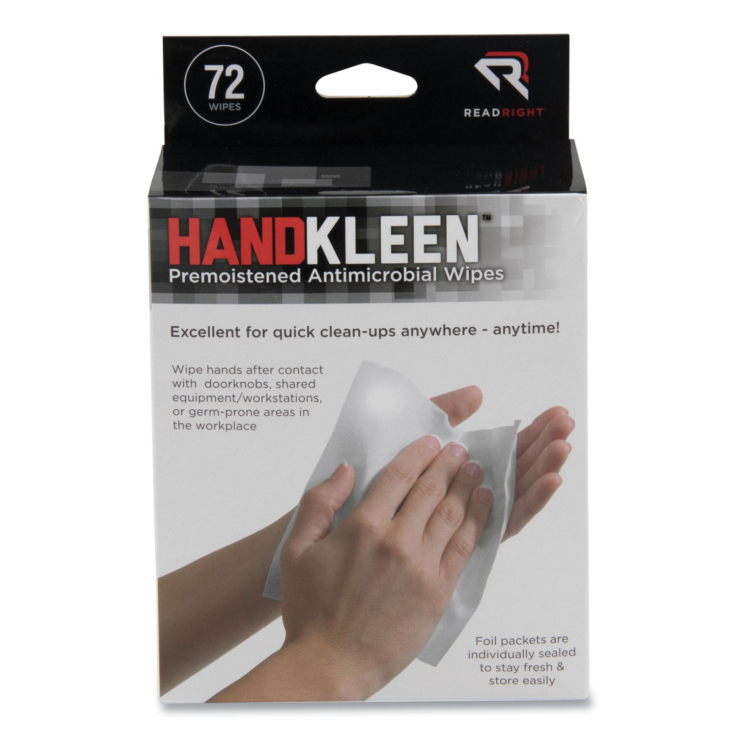 handkleen-premoistened-antibacterial-wipes-7-x-5-foil-packet-unscented-white-72-box_rearr15112 - 1