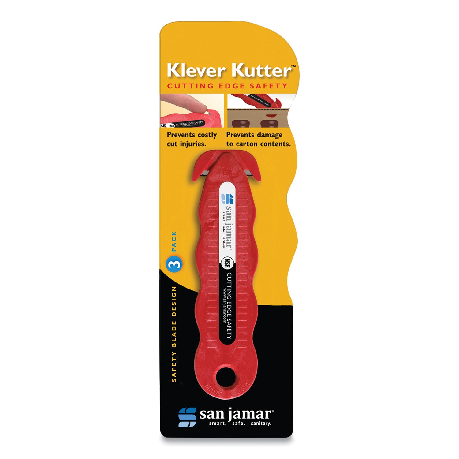 Klever Kutter Safety Cutter, 3 Razor Blades, 1" Blade, 4" Plastic Handle, Red - 