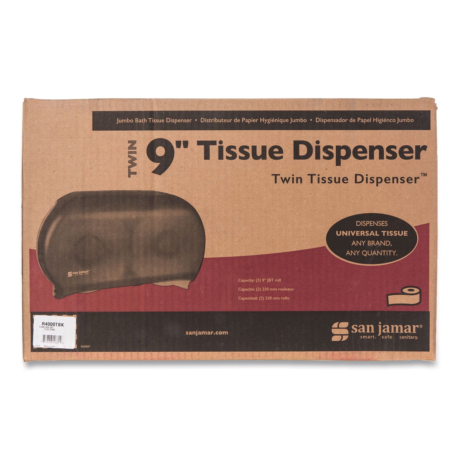 Twin 9" Jumbo Tissue Dispenser, Classic, 19 x 5.25 x 12, Transparent Black Pearl - 