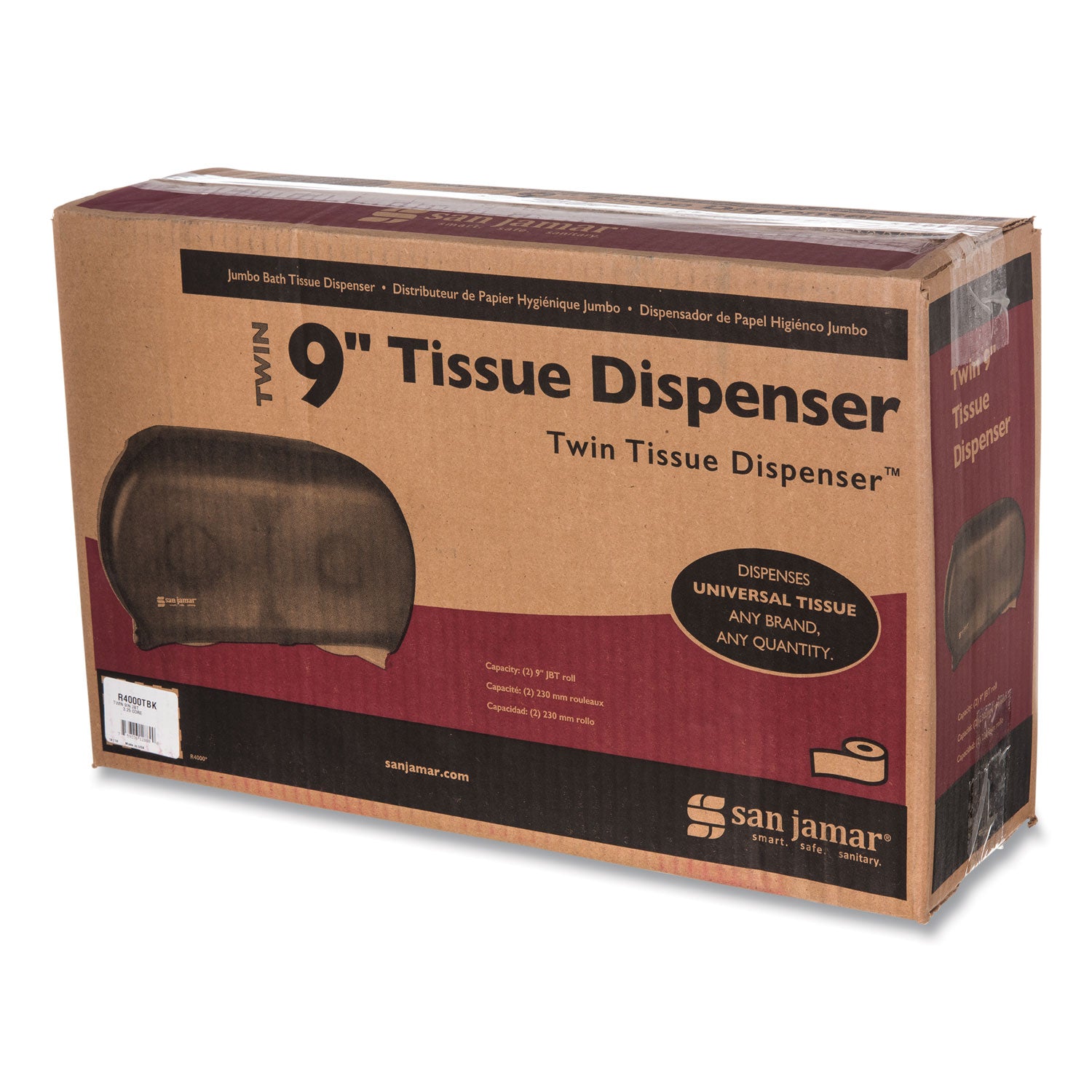 Twin 9" Jumbo Tissue Dispenser, Classic, 19 x 5.25 x 12, Transparent Black Pearl - 