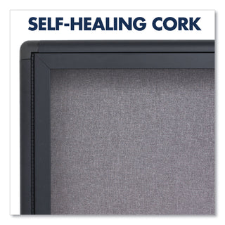 Enclosed Indoor Fabric Bulletin Board with Two Hinged Doors, 48 x 36, Gray Surface, Graphite Aluminum Frame
