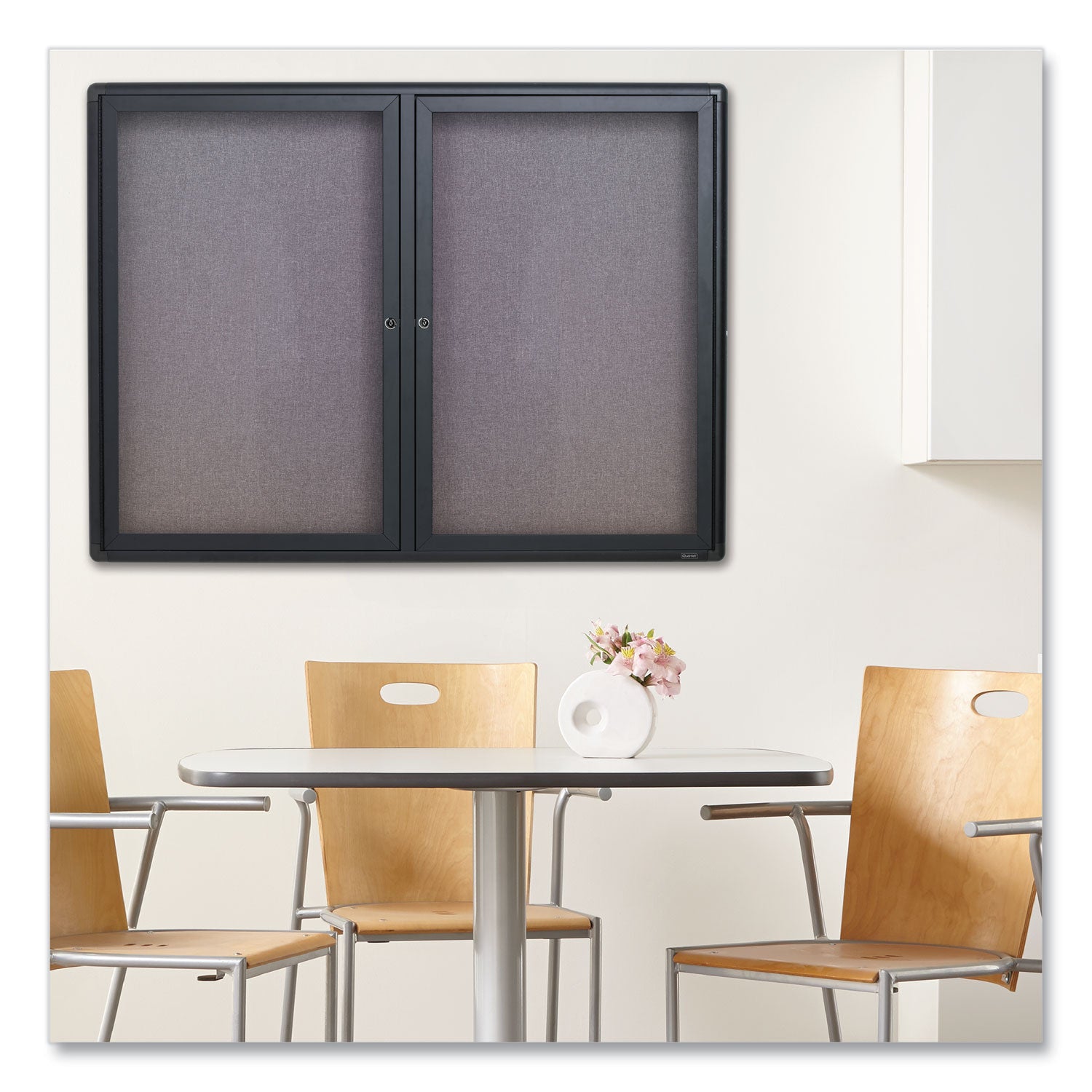Enclosed Indoor Fabric Bulletin Board with Two Hinged Doors, 48 x 36, Gray Surface, Graphite Aluminum Frame - 