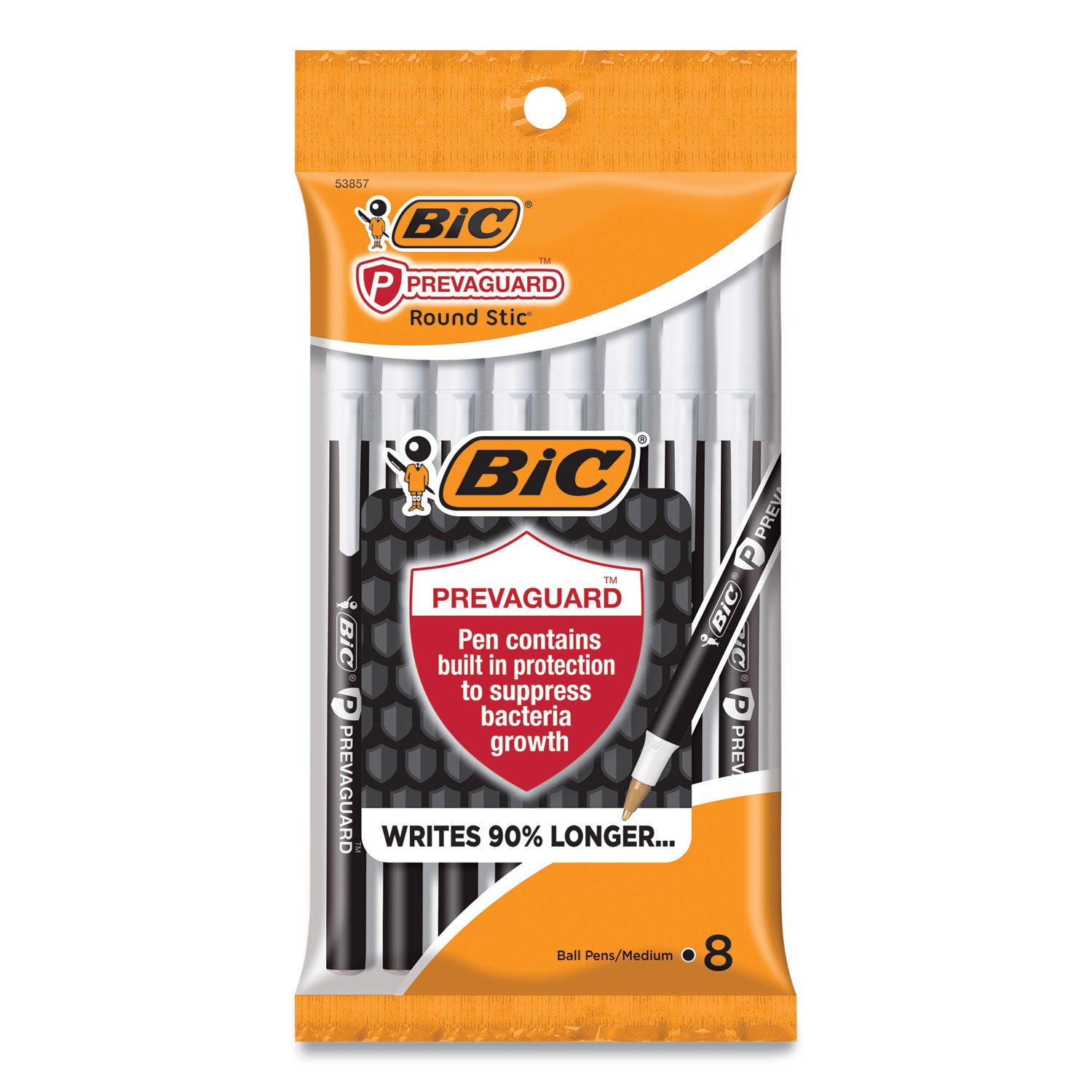 PrevaGuard Round Stic Pen, Stick, Medium 1 mm, Black Ink, Black Barrel, 8/Pack
