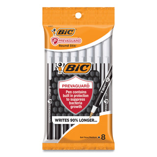 PrevaGuard Round Stic Pen, Stick, Medium 1 mm, Black Ink, Black Barrel, 8/Pack