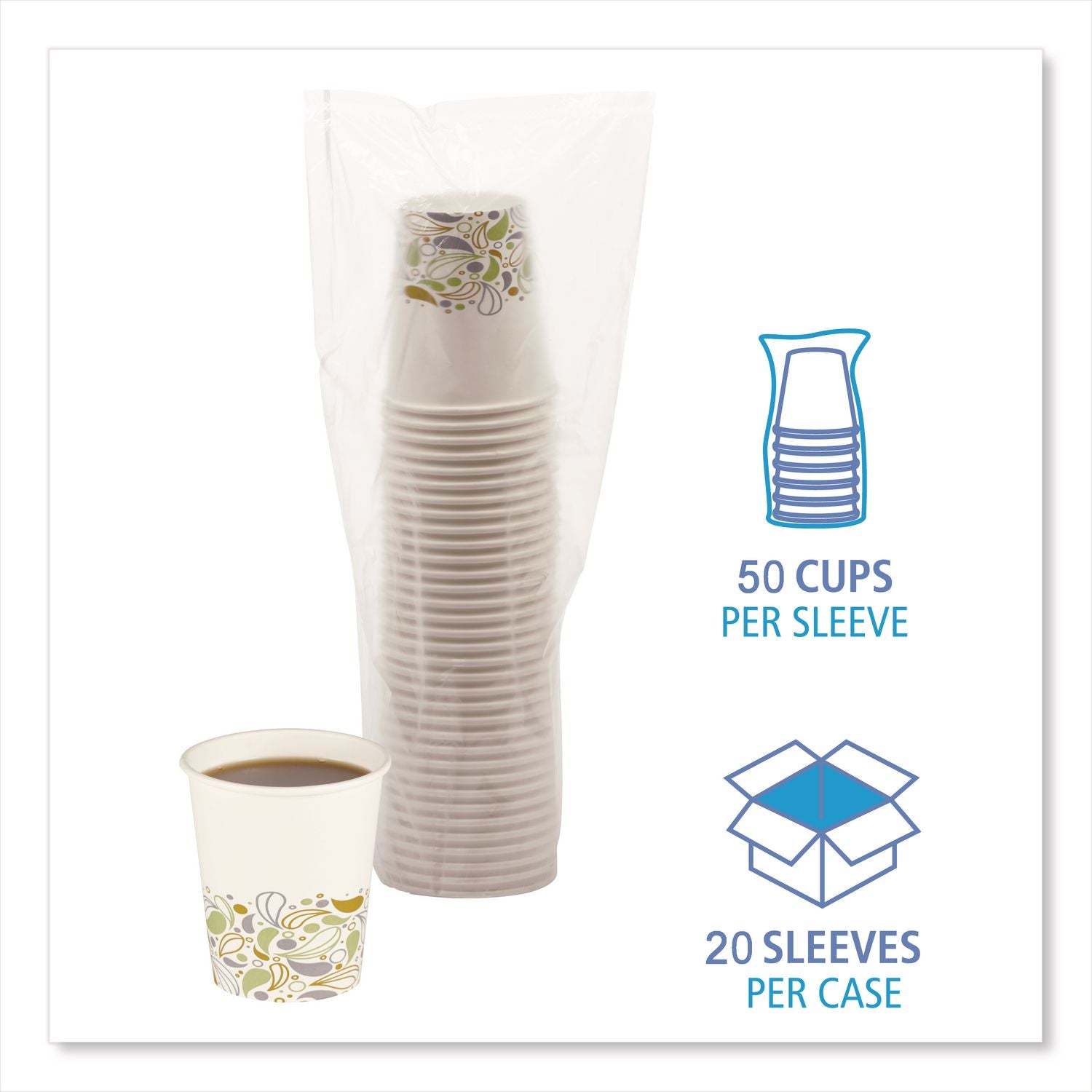 Deerfield Printed Paper Hot Cups, 8 oz, 50 Cups/Sleeve, 20 Sleeves/Carton