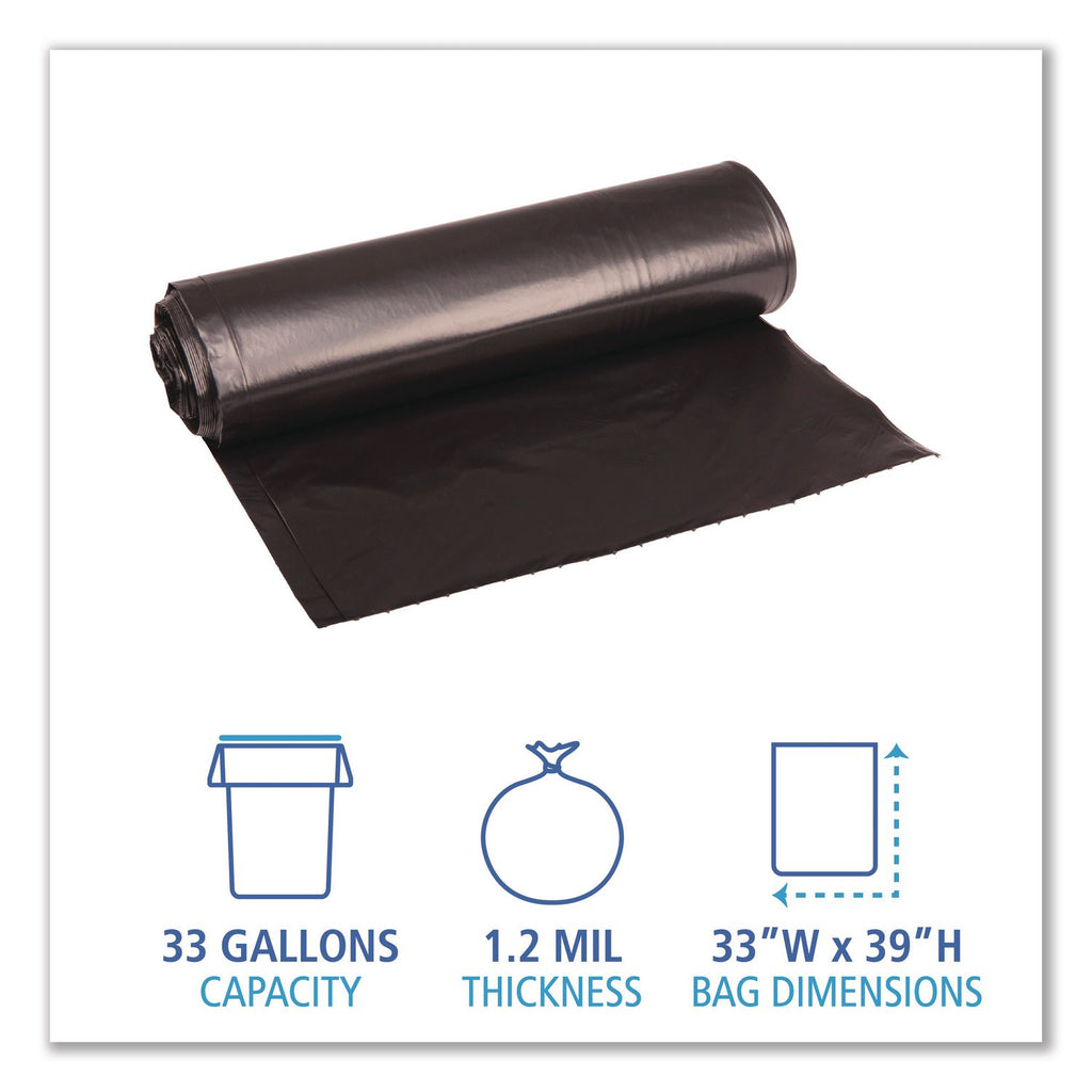 Recycled Low-Density Polyethylene Can Liners, 33 gal, 1.2 mil, 33" x 39", Black, 10 Bags/Roll, 10 Rolls/Carton