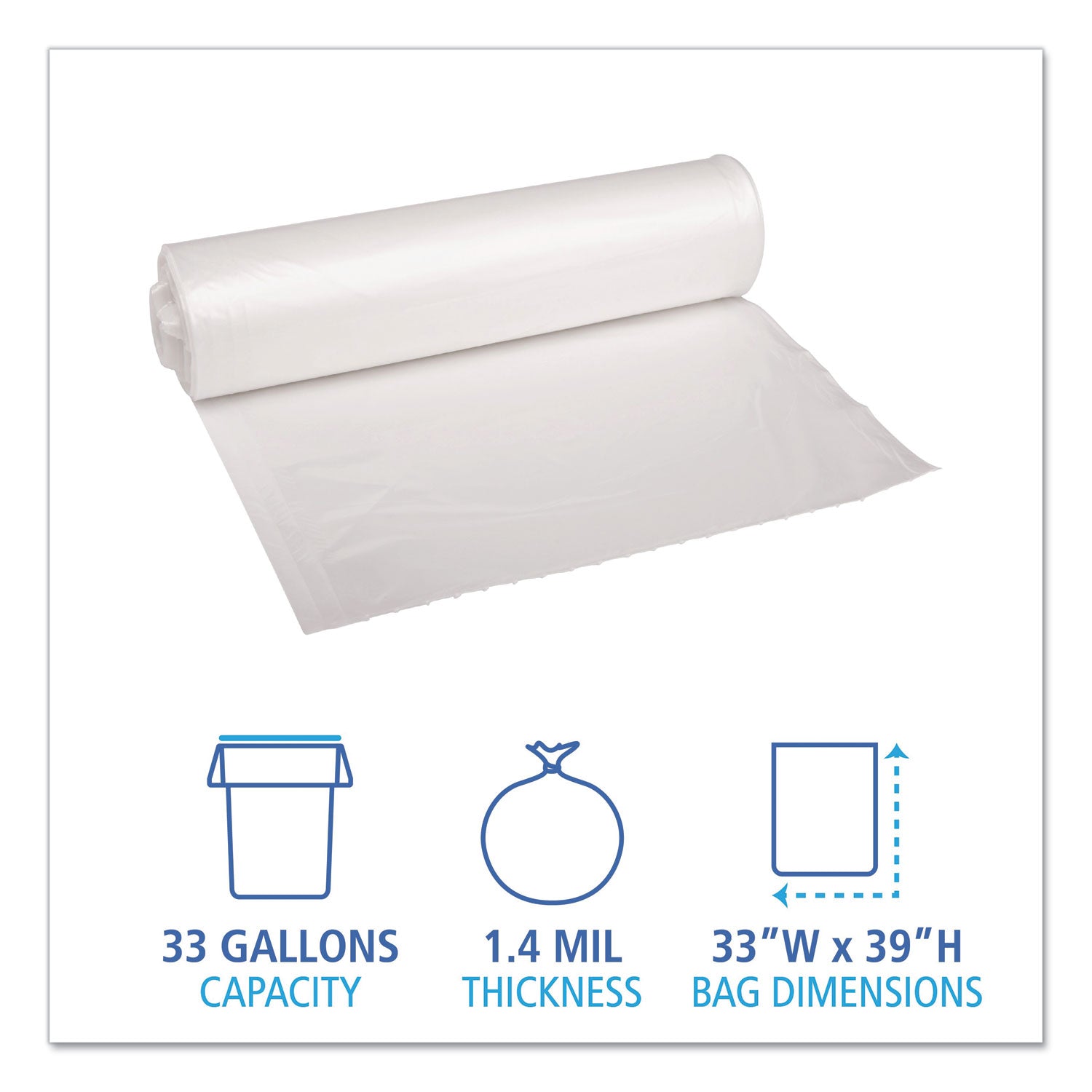 Recycled Low-Density Polyethylene Can Liners, 33 gal, 1.4 mil, 33" x 39", Clear, 10 Bags/Roll, 10 Rolls/Carton