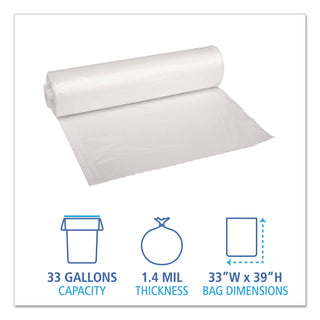 Recycled Low-Density Polyethylene Can Liners, 33 gal, 1.4 mil, 33" x 39", Clear, 10 Bags/Roll, 10 Rolls/Carton