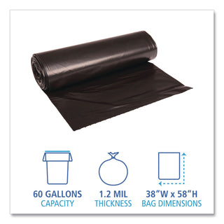 Recycled Low-Density Polyethylene Can Liners, 60 gal, 1.2 mil, 38" x 58", Black, 10 Bags/Roll, 10 Rolls/Carton