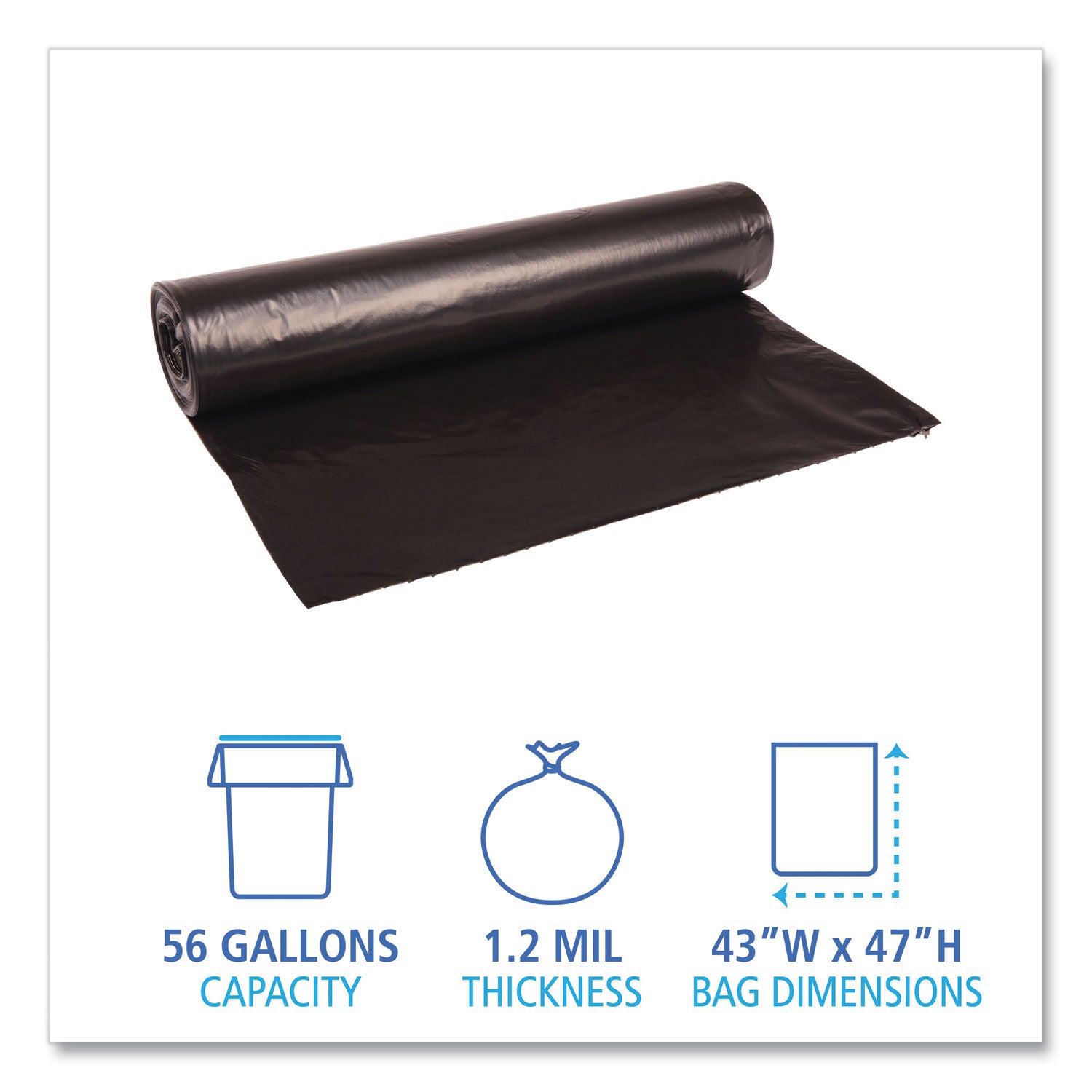 Recycled Low-Density Polyethylene Can Liners, 56 gal, 1.2 mil, 43" x 47", Black, 10 Bags/Roll, 10 Rolls/Carton