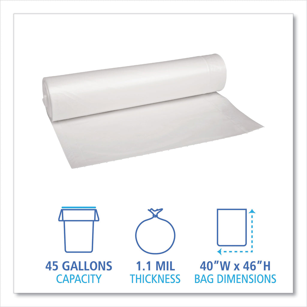 Recycled Low-Density Polyethylene Can Liners, 45 gal, 1.1 mil, 40" x 46", Clear, 10 Bags/Roll, 10 Rolls/Carton