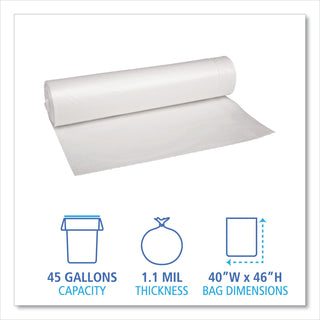 Recycled Low-Density Polyethylene Can Liners, 45 gal, 1.1 mil, 40" x 46", Clear, 10 Bags/Roll, 10 Rolls/Carton