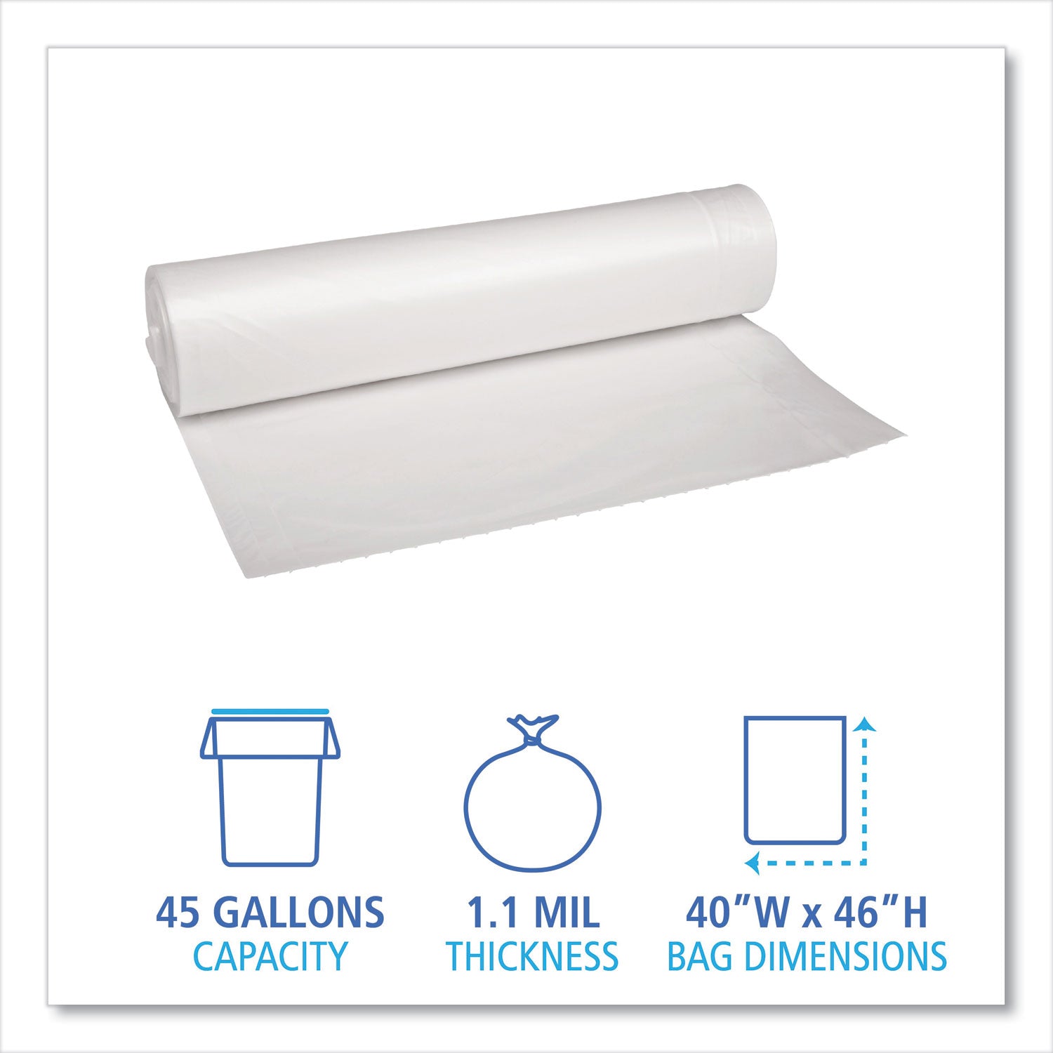 Recycled Low-Density Polyethylene Can Liners, 45 gal, 1.1 mil, 40" x 46", Clear, 10 Bags/Roll, 10 Rolls/Carton