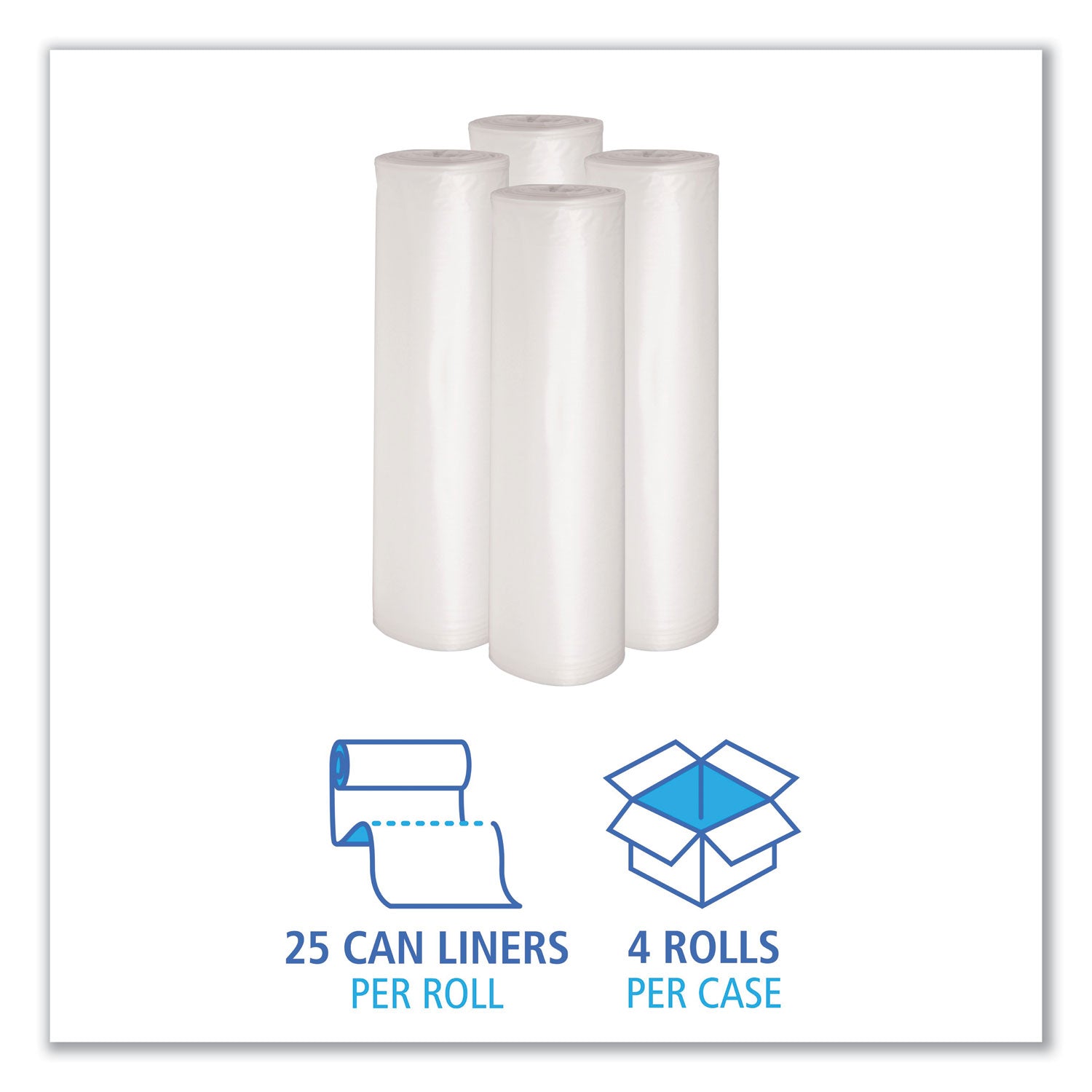 Recycled Low-Density Polyethylene Can Liners, 60 gal, 1.1 mil, 38" x 58", Clear, 10 Bags/Roll, 10 Rolls/Carton