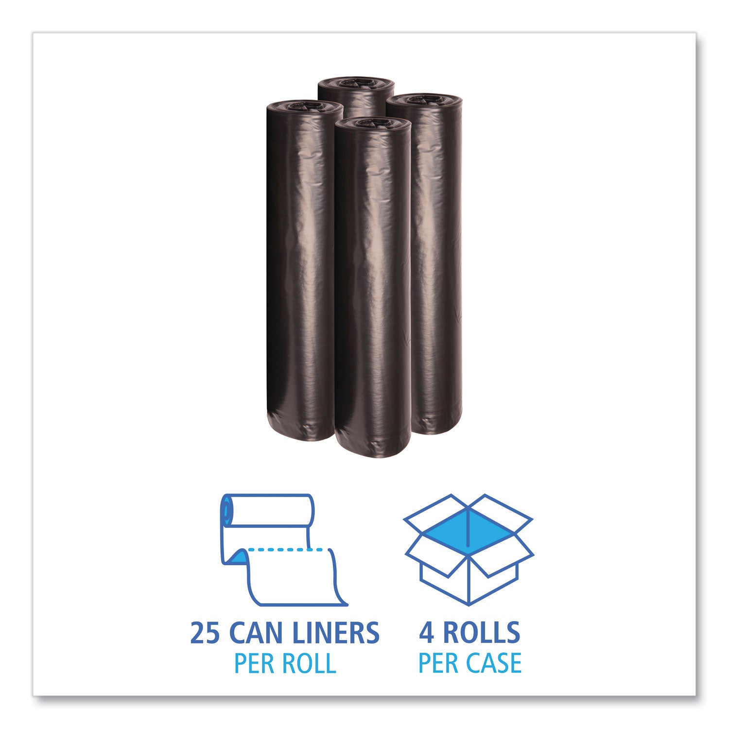 Recycled Low-Density Polyethylene Can Liners, 56 gal, 1.2 mil, 43" x 47", Black, 10 Bags/Roll, 10 Rolls/Carton