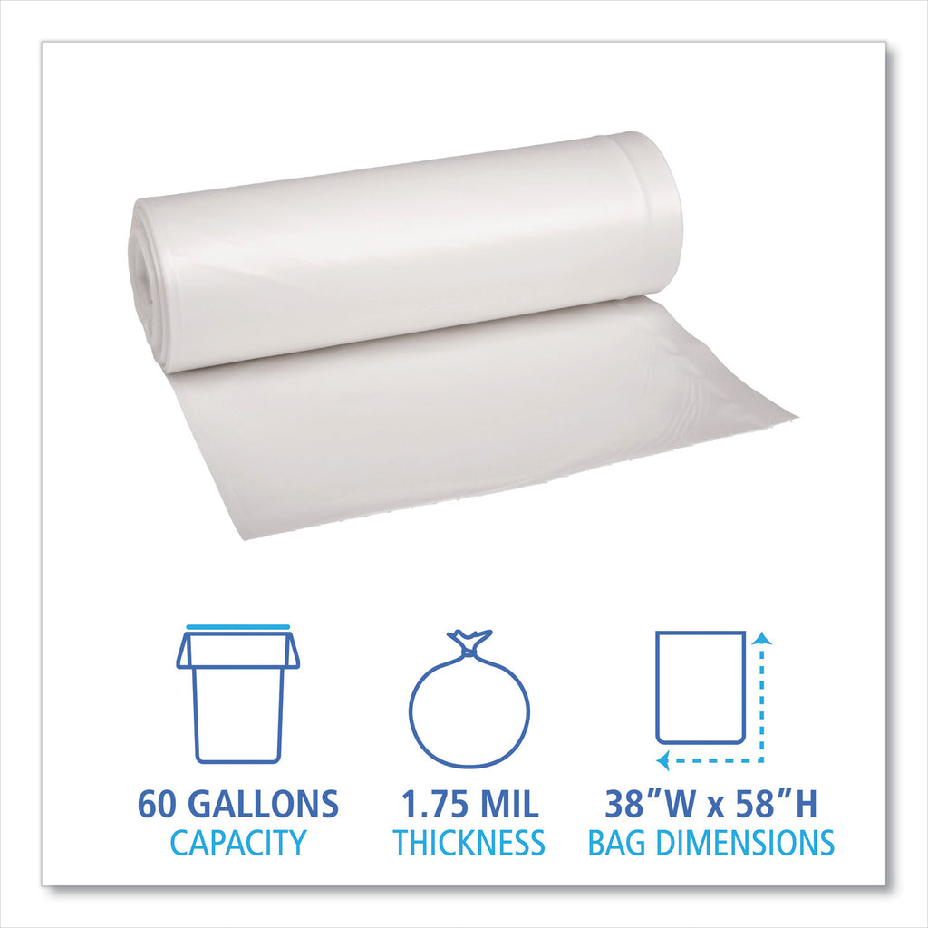 Recycled Low-Density Polyethylene Can Liners, 60 gal, 1.75 mil, 38" x 58", Clear, 10 Bags/Roll, 10 Rolls/Carton