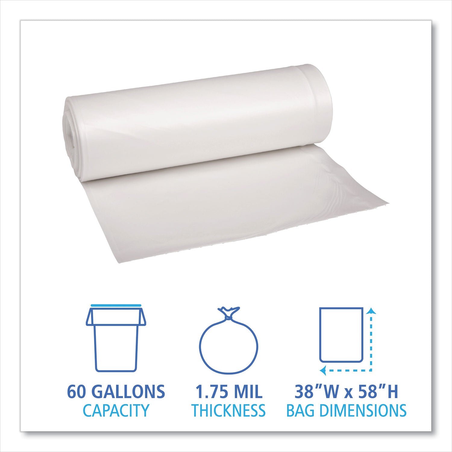 Recycled Low-Density Polyethylene Can Liners, 60 gal, 1.75 mil, 38" x 58", Clear, 10 Bags/Roll, 10 Rolls/Carton