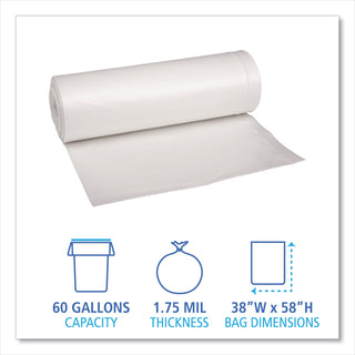 Recycled Low-Density Polyethylene Can Liners, 60 gal, 1.75 mil, 38" x 58", Clear, 10 Bags/Roll, 10 Rolls/Carton