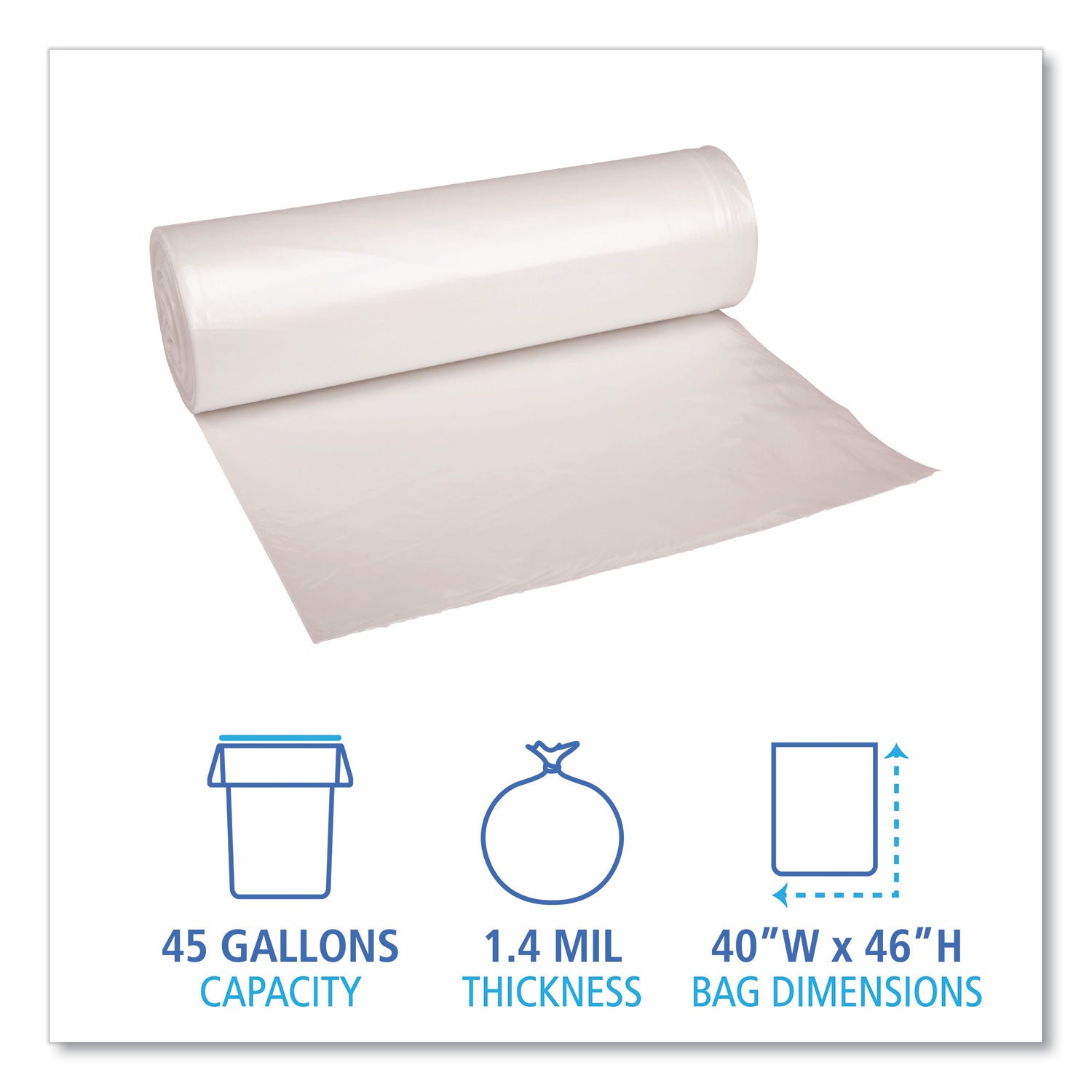 Recycled Low-Density Polyethylene Can Liners, 45 gal, 1.4 mil, 40" x 46", Clear, 10 Bags/Roll, 10 Rolls/Carton