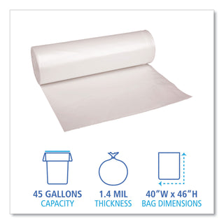 Recycled Low-Density Polyethylene Can Liners, 45 gal, 1.4 mil, 40" x 46", Clear, 10 Bags/Roll, 10 Rolls/Carton