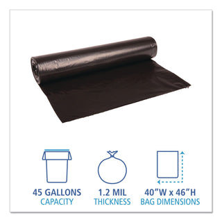 Recycled Low-Density Polyethylene Can Liners, 45 gal, 1.2 mil, 40" x 46", Black, 10 Bags/Roll, 10 Rolls/Carton
