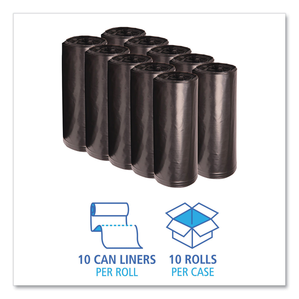 Recycled Low-Density Polyethylene Can Liners, 60 gal, 1.8 mil, 38" x 58", Black, 10 Bags/Roll, 10 Rolls/Carton