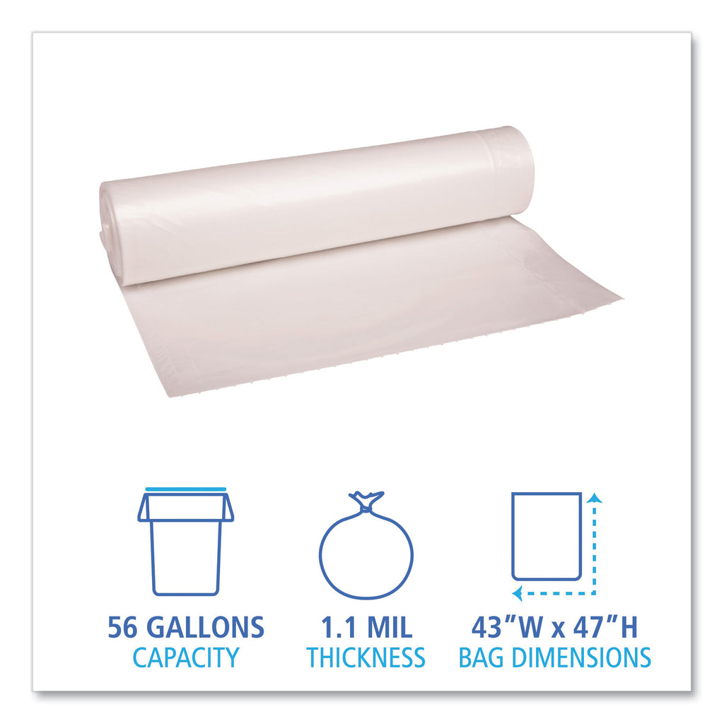 Recycled Low-Density Polyethylene Can Liners, 56 gal, 1.1 mil, 43" x 47", Clear, 10 Bags/Roll, 10 Rolls/Carton