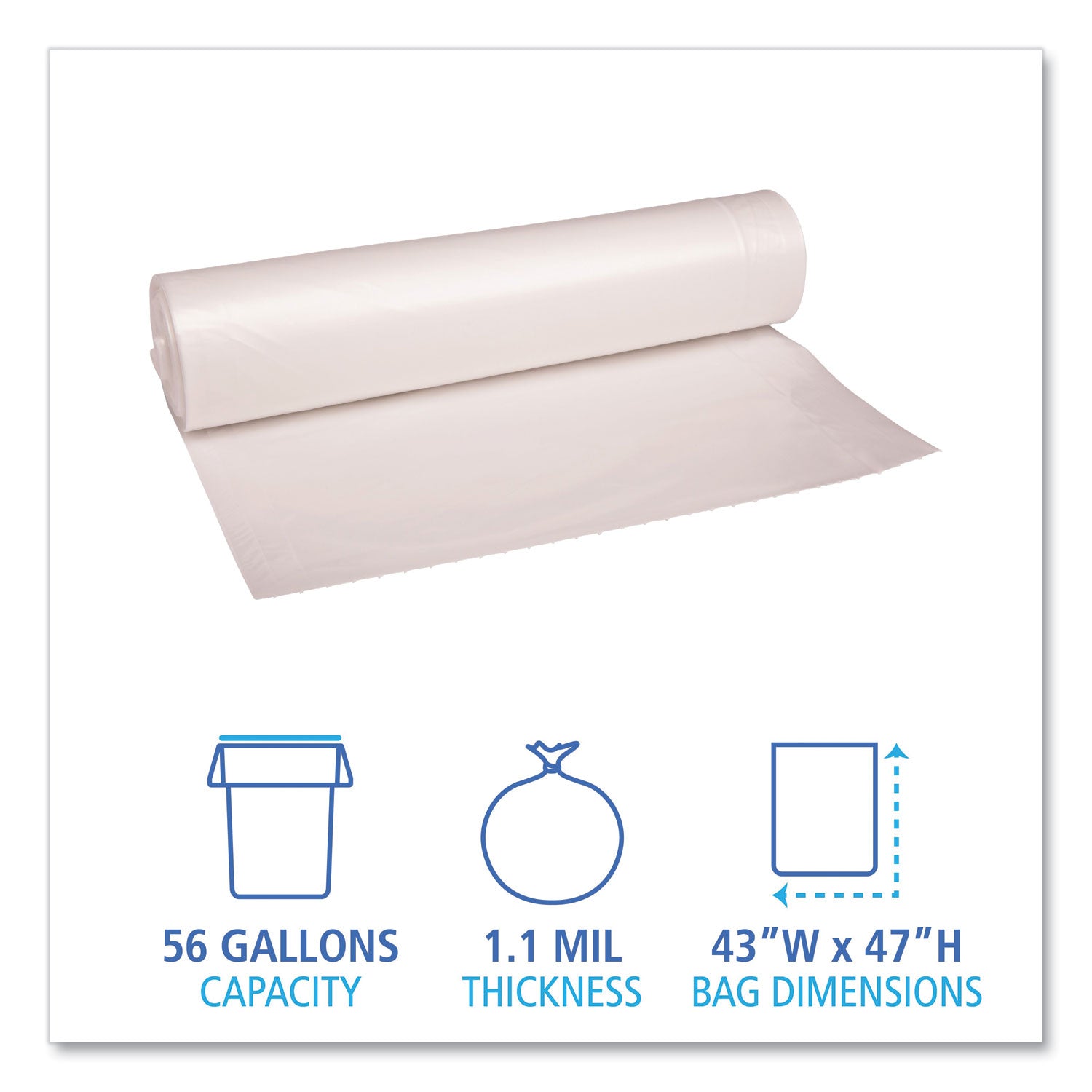 Recycled Low-Density Polyethylene Can Liners, 56 gal, 1.1 mil, 43" x 47", Clear, 10 Bags/Roll, 10 Rolls/Carton