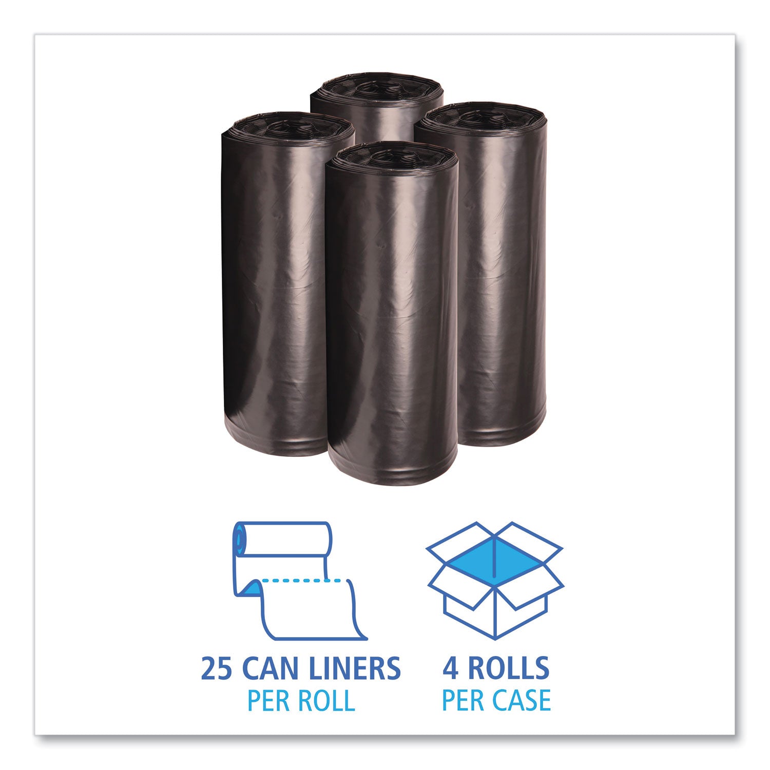Recycled Low-Density Polyethylene Can Liners, 60 gal, 1.6 mil, 38" x 58", Black, 10 Bags/Roll, 10 Rolls/Carton