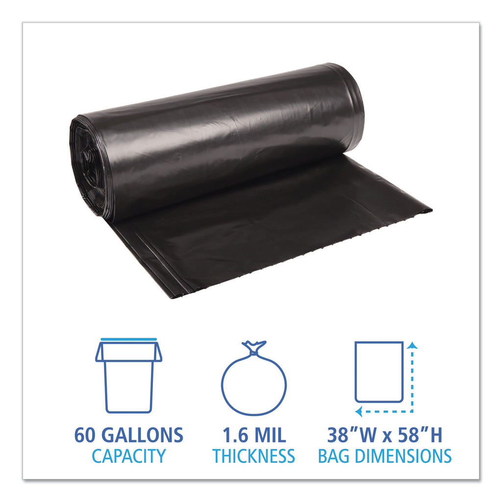 Recycled Low-Density Polyethylene Can Liners, 60 gal, 1.6 mil, 38" x 58", Black, 10 Bags/Roll, 10 Rolls/Carton