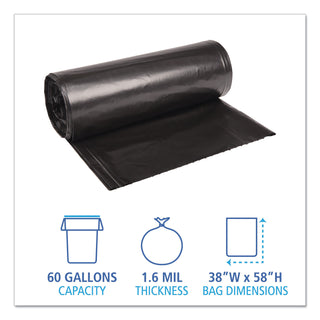 Recycled Low-Density Polyethylene Can Liners, 60 gal, 1.6 mil, 38" x 58", Black, 10 Bags/Roll, 10 Rolls/Carton