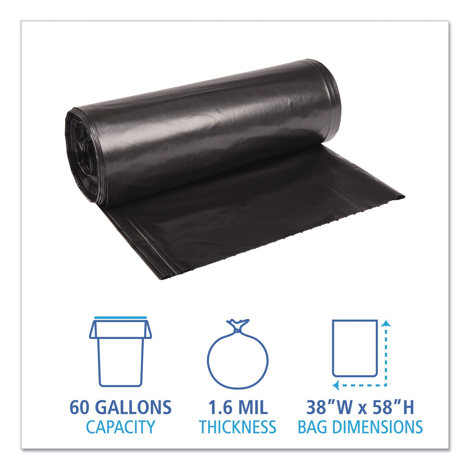 Recycled Low-Density Polyethylene Can Liners, 60 gal, 1.6 mil, 38" x 58", Black, 10 Bags/Roll, 10 Rolls/Carton