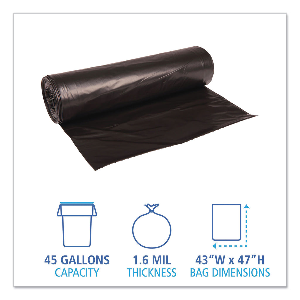 Recycled Low-Density Polyethylene Can Liners, 56 gal, 1.6 mil, 43" x 47", Black, 20 Bags/Roll, 5 Rolls/Carton