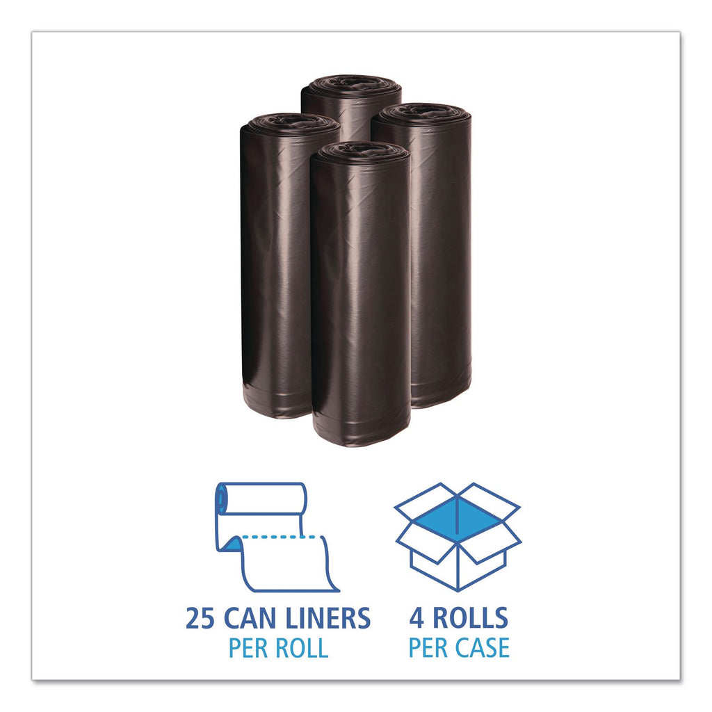 Recycled Low-Density Polyethylene Can Liners, 60 gal, 1.2 mil, 38" x 58", Black, 10 Bags/Roll, 10 Rolls/Carton