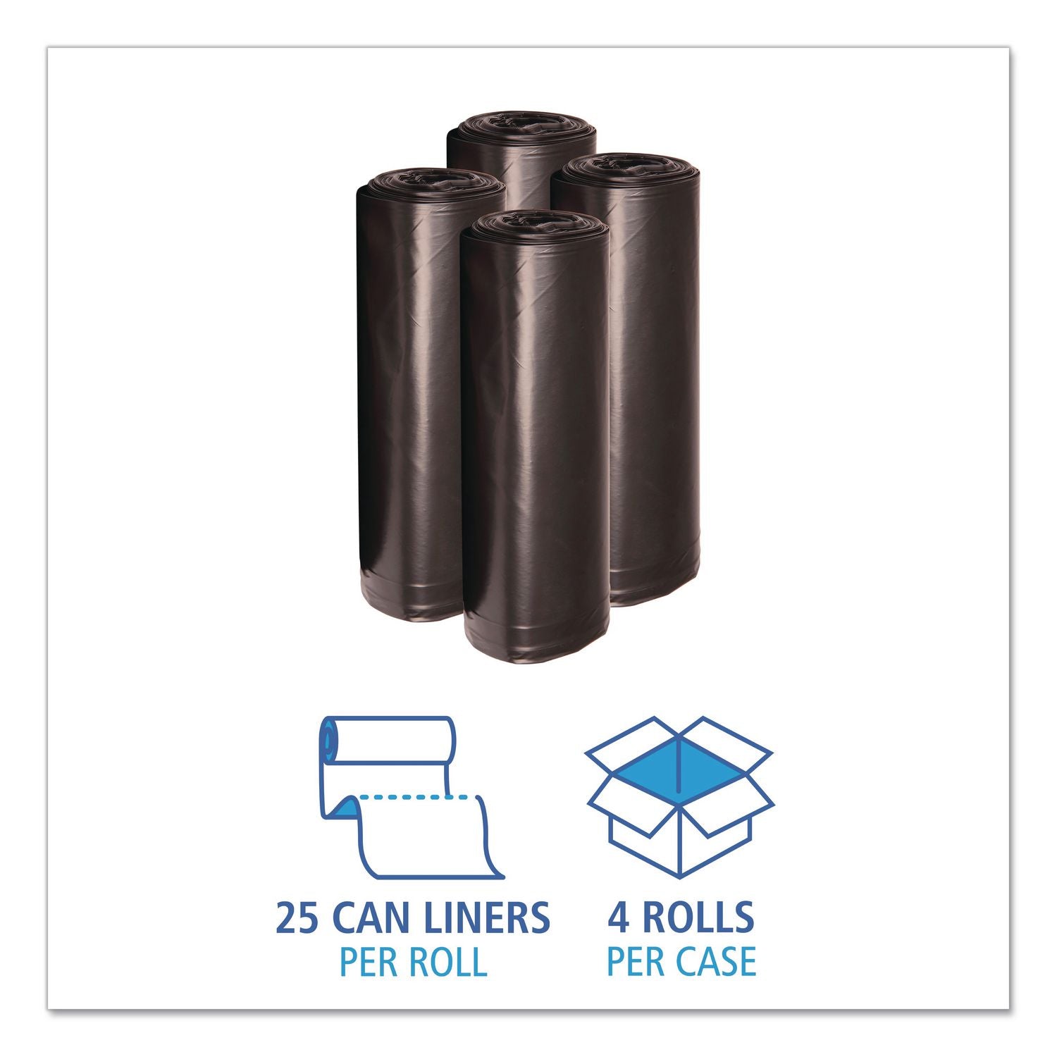 Recycled Low-Density Polyethylene Can Liners, 60 gal, 1.2 mil, 38" x 58", Black, 10 Bags/Roll, 10 Rolls/Carton