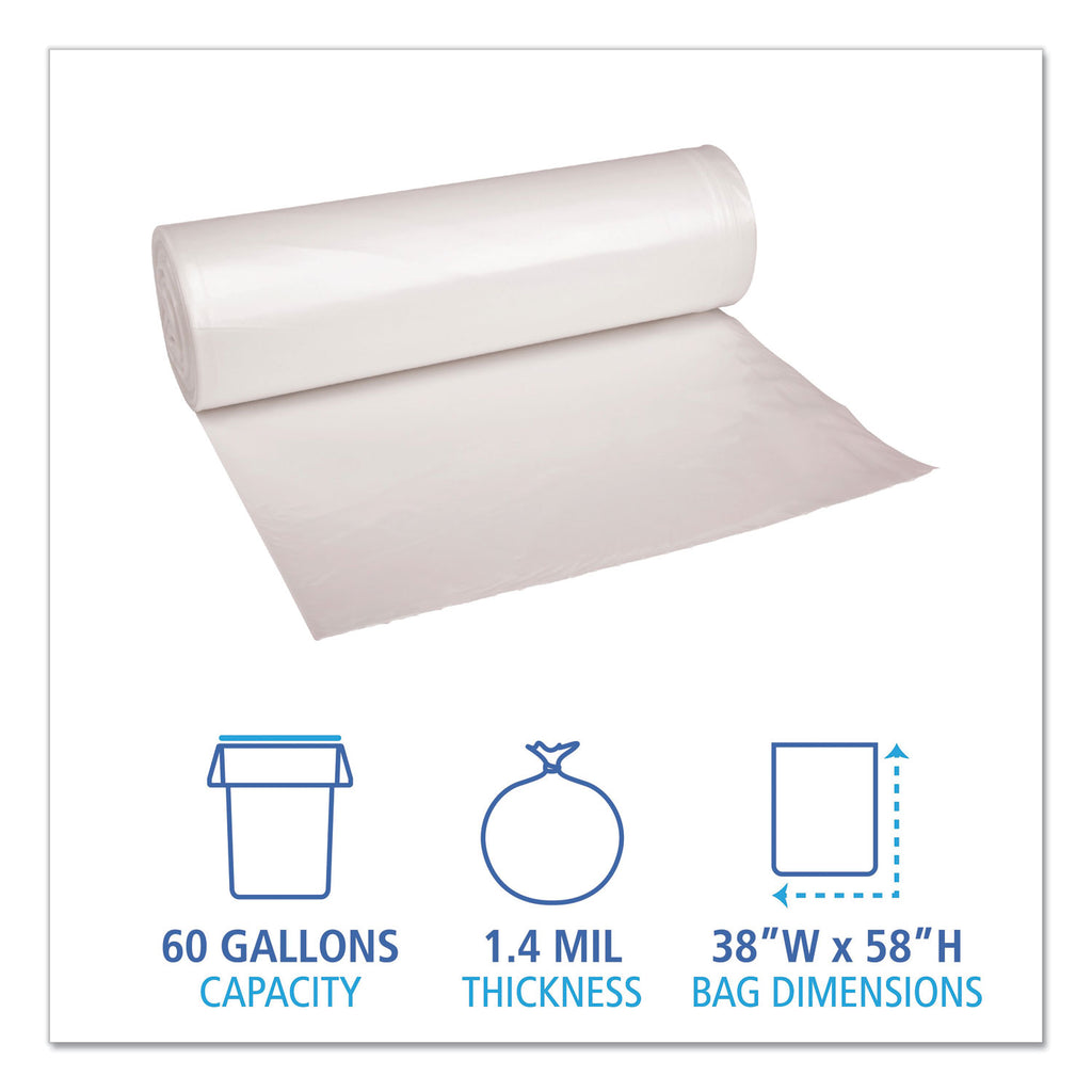 Recycled Low-Density Polyethylene Can Liners, 60 gal, 1.4 mil, 38" x 58", Clear, 10 Bags/Roll, 10 Rolls/Carton