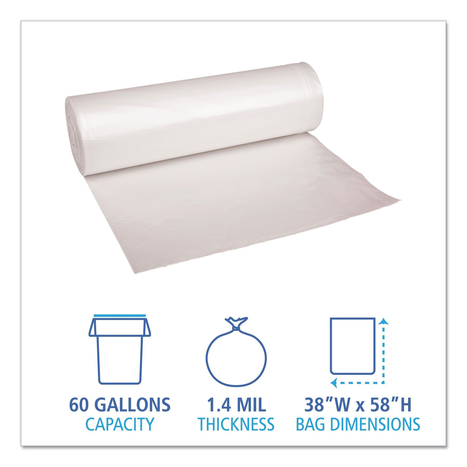 Recycled Low-Density Polyethylene Can Liners, 60 gal, 1.4 mil, 38" x 58", Clear, 10 Bags/Roll, 10 Rolls/Carton