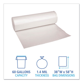 Recycled Low-Density Polyethylene Can Liners, 60 gal, 1.4 mil, 38" x 58", Clear, 10 Bags/Roll, 10 Rolls/Carton
