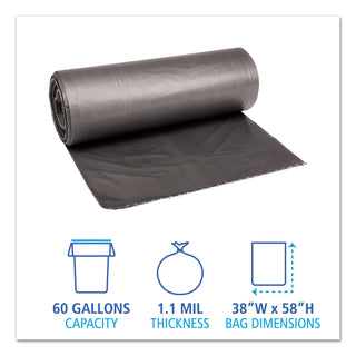 Low-Density Waste Can Liners, 60 gal, 1.1 mil, 38" x 58", Gray, 20 Bags/Roll, 5 Rolls/Carton