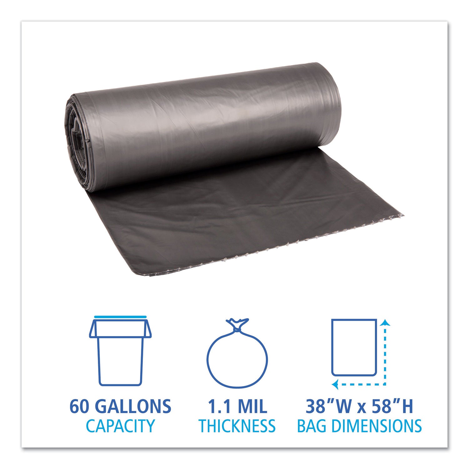Low-Density Waste Can Liners, 60 gal, 1.1 mil, 38" x 58", Gray, 20 Bags/Roll, 5 Rolls/Carton