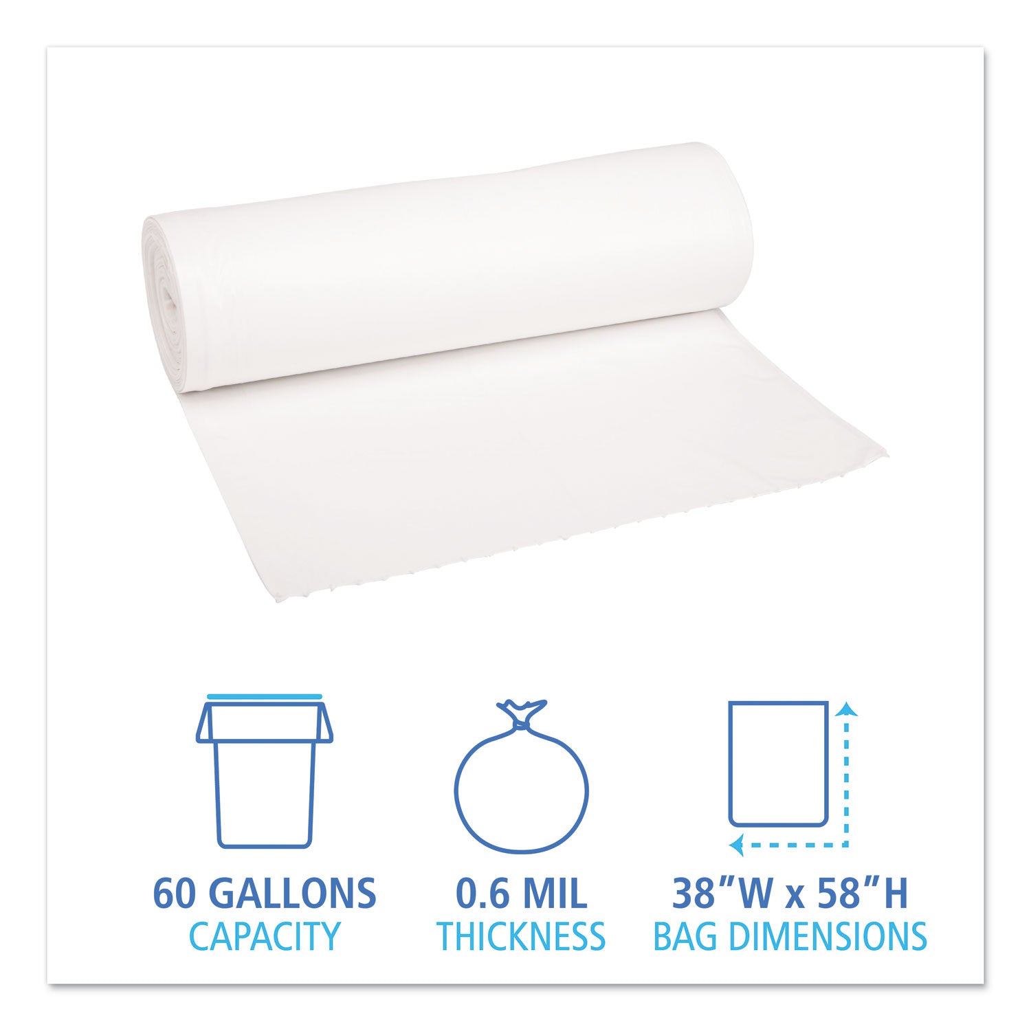 Low-Density Waste Can Liners, 60 gal, 0.6 mil, 38" x 58", White, 25 Bags/Roll, 4 Rolls/Carton